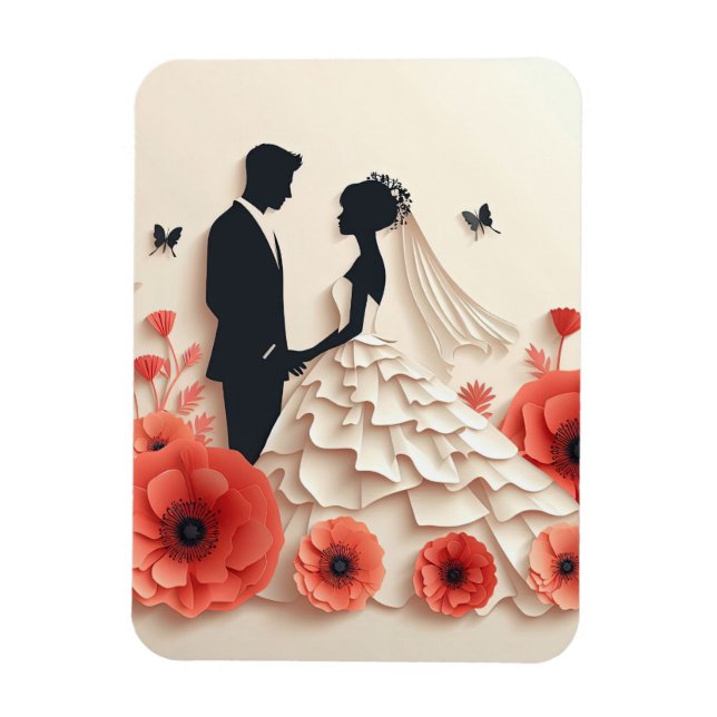 Imán Arte de papel de novia y novio con flores (Vertical)