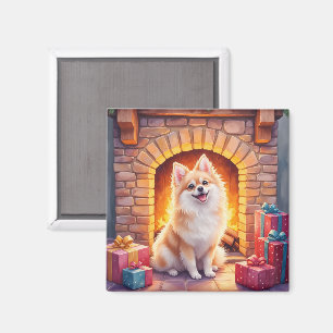 Imán Arte de perro de Pomerania esponjoso junto a la ch