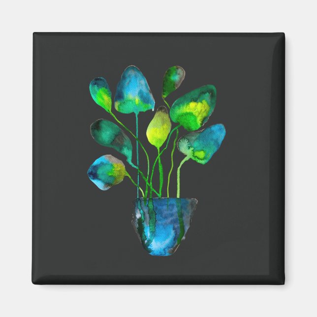 Imán Arte de planta acuarela abstracto verde y azul (Frente)