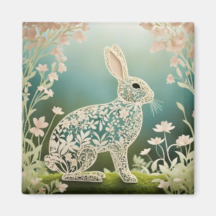 Imán Arte de primavera en conejo floral blanco