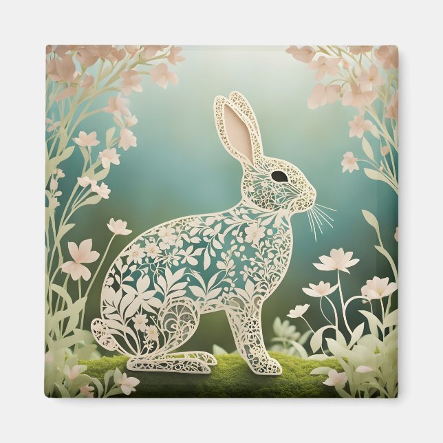 Imán Arte de primavera en conejo floral blanco (Frente)