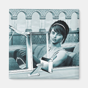 Imán Arte de retrato de mujer glamour azul vintage