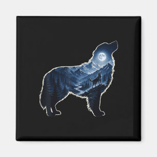 Imán arte de silueta de perro aullando montaña forestal