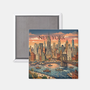 Imán Arte de viaje vintage del horizonte de Nueva York