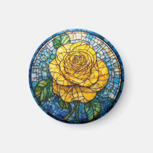 Imán Arte de vidrio teñido circular de rosa amarilla vi
