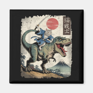 Imán Arte divertido de gato montando T Rex japonés Ukiy