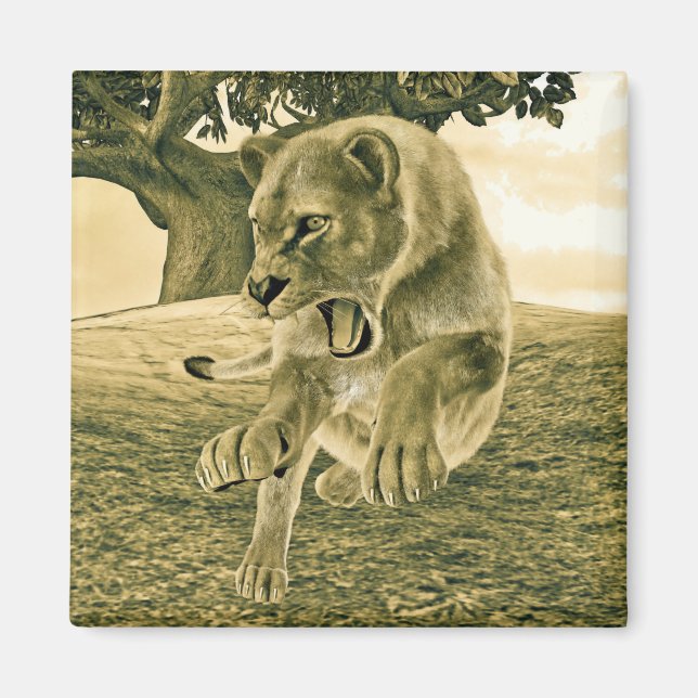 Imán Arte dramático de safari de fauna con leona (Frente)