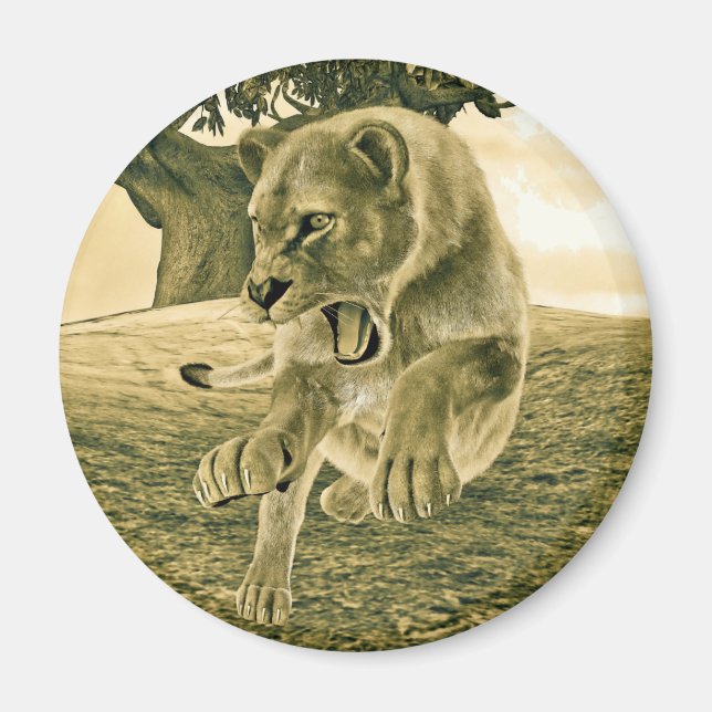 Imán Arte dramático de safari de fauna con leona (Frente)