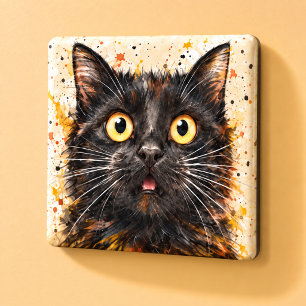 Imán Arte en acuarela de gato negro sorprendido diverti