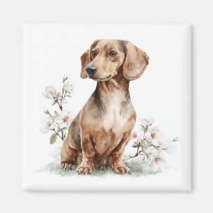 Imán Arte en Acuarela Floral de Dachshund