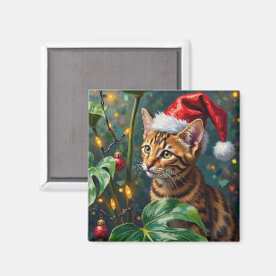 Imán Arte exótico de juego navideño de gato Bengal en l