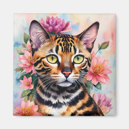 Imán Arte floral de acuarela de gato bengalí