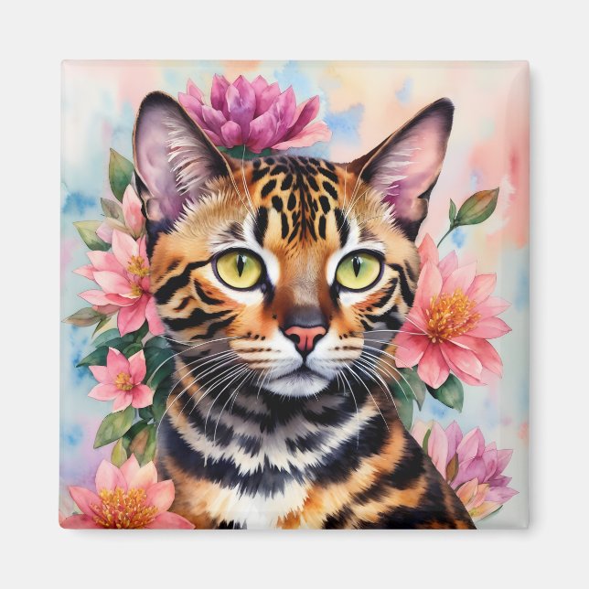 Imán Arte floral de acuarela de gato bengalí (Frente)