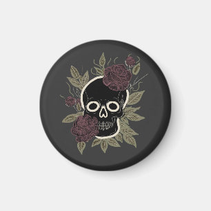 Imán Arte floral oscuro personalizado de cráneo y rosas