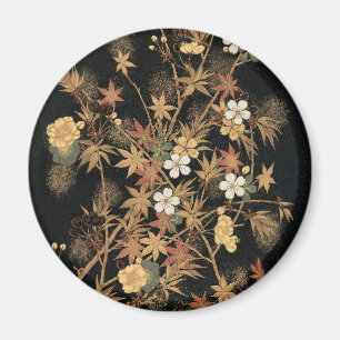 Imán Arte Floral Otoñal de Negro Dorado Japonés Vintage