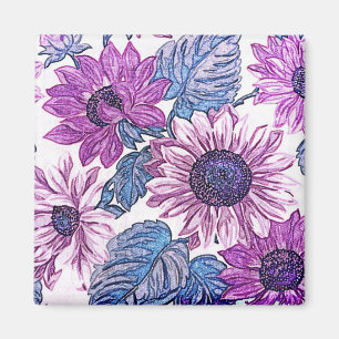 Imán Arte floral vintage azul y púrpura