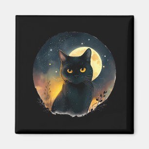 Imán Arte genial gráfico gato negro con luna