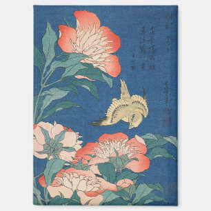 Imán Arte japonés de Hokusai Peonías y Canario