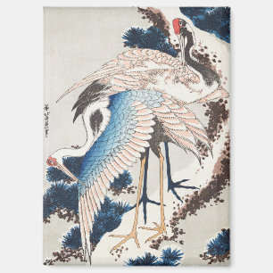 Imán Arte Japonés Hokusai Dos Grullas Pino Nevado