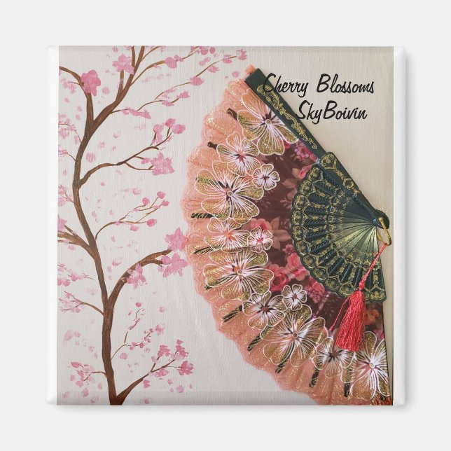 Imán arte mediático mixto con flores de cerezo (Frente)
