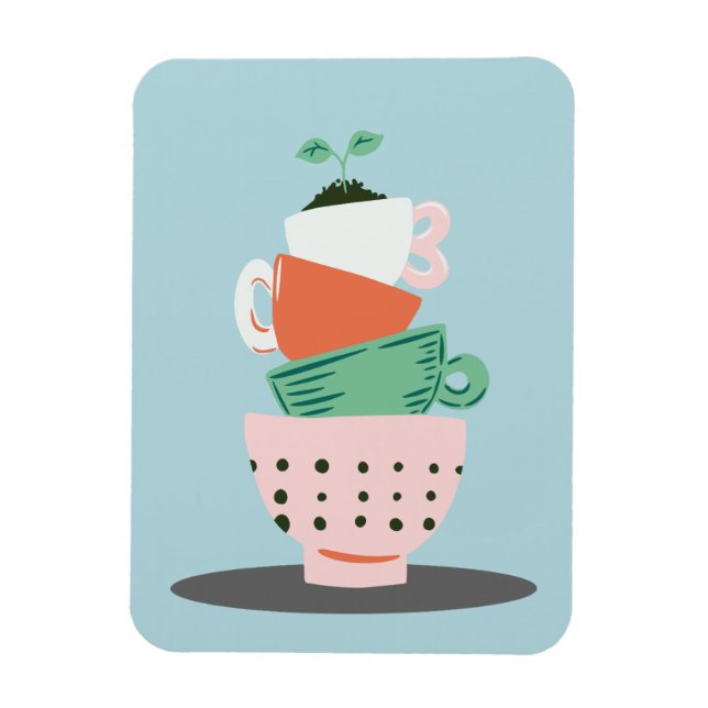 Imán Arte moderno apilado de tazas y planta (Vertical)
