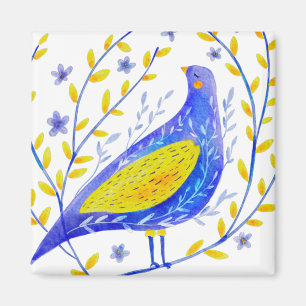 Imán Arte moderno de aves azules y amarillas en acuarel