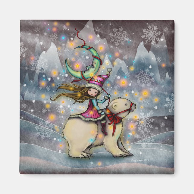 Imán Arte Navideño de Elfo Cabalgando Oso Polar (Frente)