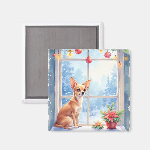 Imán Arte Navideño de Ventana con Chihuahua Nevada Fies