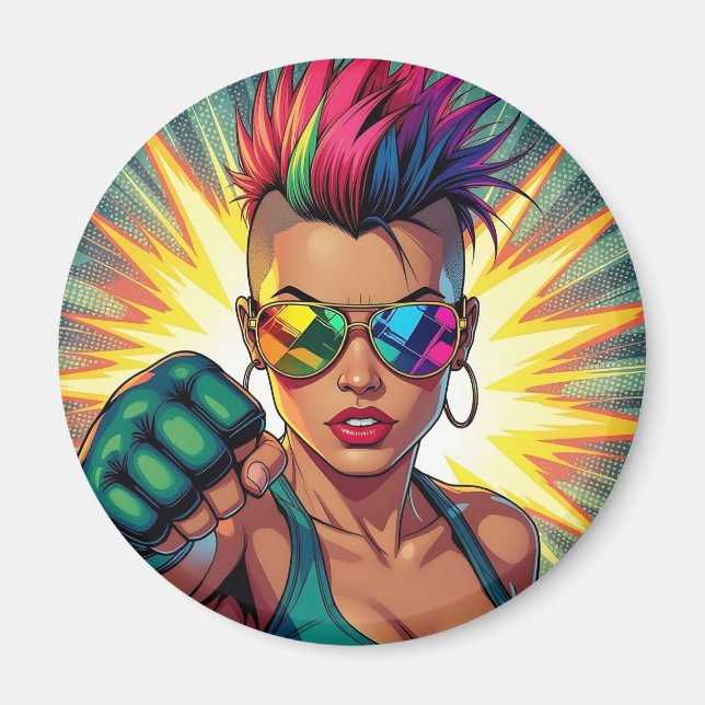 Imán Arte pop de la lesbiana LGBT Mohawk Uppercut (Frente)