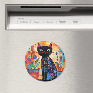 Imán Arte popular de gato negro (plantas en macetas)