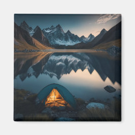Imán Arte temático de camping de tienda, montañas y lag