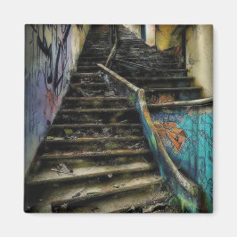 Imán Arte Urbano en Escaleras Edificio Abandonado