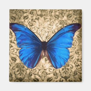 Imán Arte vintage de damasco de mariposa azul monarca
