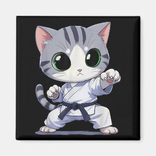 Imán Artes Marciales Kawaii Gato Karate Cinturón Negro 