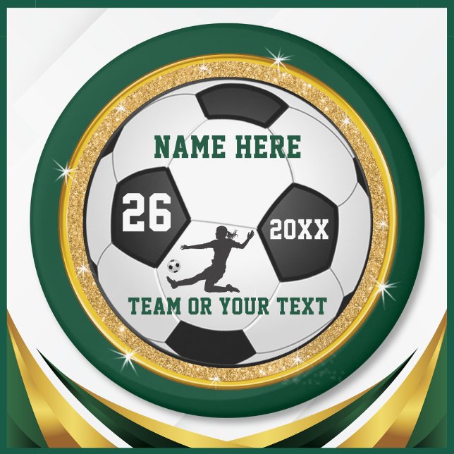 Imán Artículos de fiesta de fútbol para niñas, verde bo (Personalized soccer magnets for girls. Forest green and gold soccer party favors. Cheap soccer gifts)