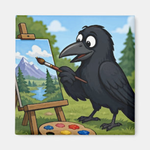 Imán Artista Divertido Cuervo Pintando Arte de Paisaje