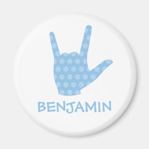 Imán ASL I Love You Blue Dots Rótulo Language Name Magn