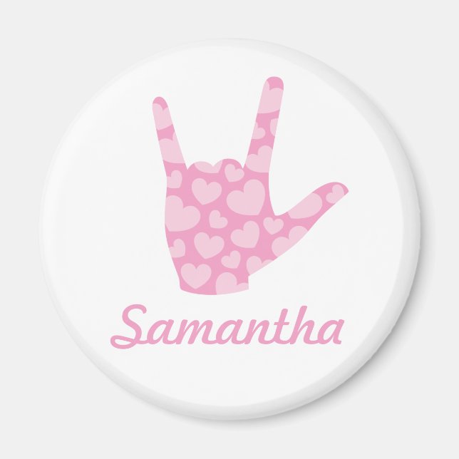 Imán ASL I Love You Pink Heart Rótulo Language and Name (Frente)