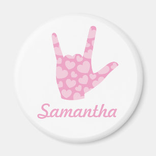 Imán ASL I Love You Pink Hearts Rótulo Lengua y nombre