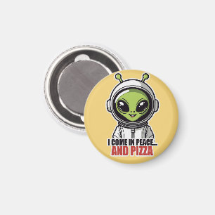 Imán Astronauta Alien Adorable "Vengo en Paz y Pizza" 
