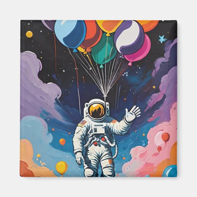 Imán Astronauta con globos coloridos en el espacio  (Frente)