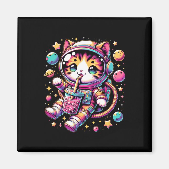 Imán Astronauta divertida Kawaii Boba Tea Cat (Frente)