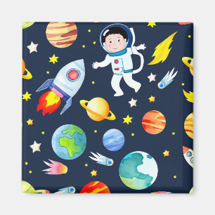 Imán Astronauta en el patrón de planetas y cohetes espa