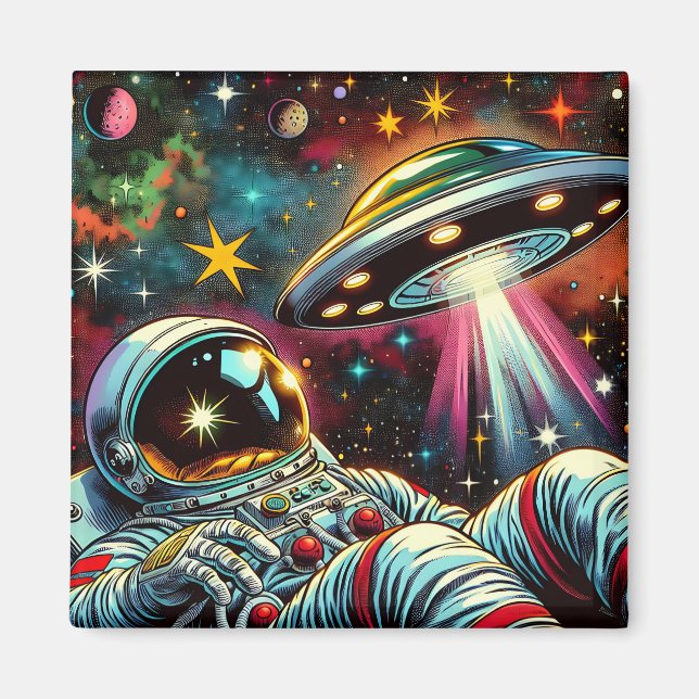 Imán Astronauta flotando en el espacio con un arte de O (Frente)