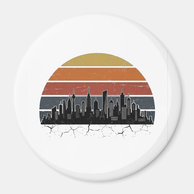 Imán Atardecer del horizonte de la ciudad retro de los  (Frente)