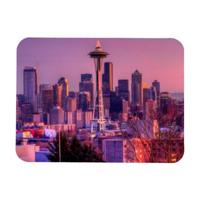 Imán Atardecer detrás del horizonte de Seattle desde el (Horizontal)