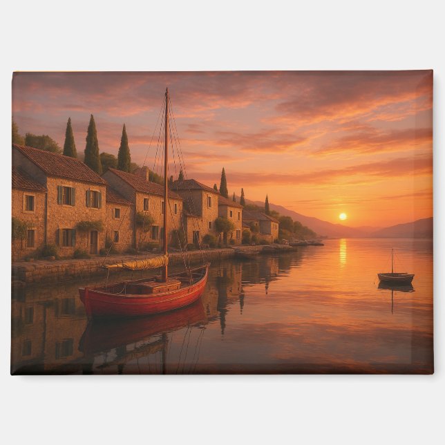 Imán Atardecer dorado sobre pueblo costero (Anverso)