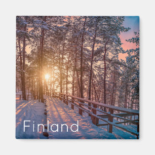 Imán Atardecer en un bosque de pinos nevado con rayos s