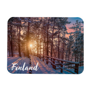 Imán Atardecer en un bosque de pinos nevado con rayos s