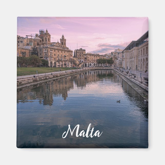 Imán Atardecer sobre un pequeño canal en Cospicua, Malt (Frente)